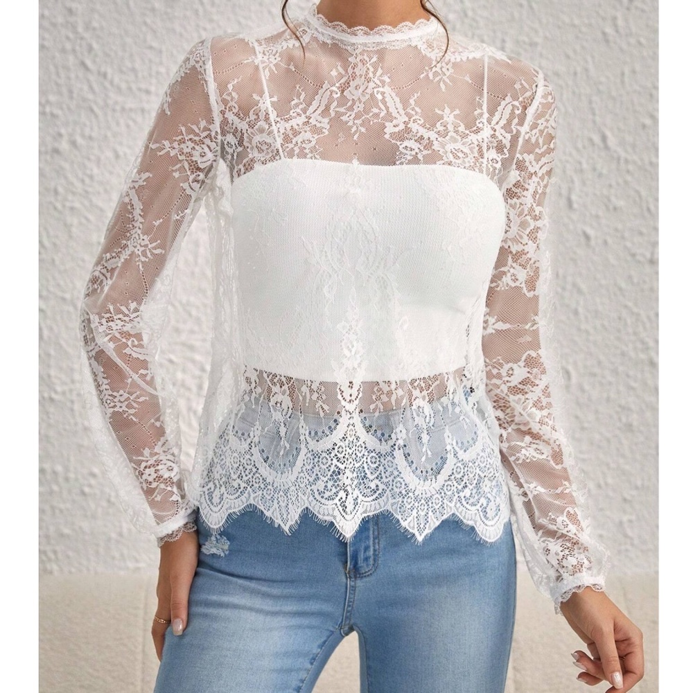 Romantic Sheer Floral lace Long sleeve Blouse - Picture 8 of 9